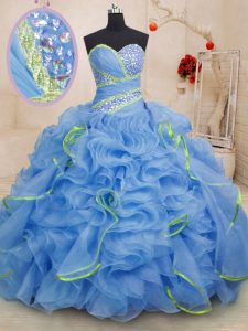 Sweet Blue Ball Gowns Beading and Ruffles Quinceanera Dress Lace Up Organza Sleeveless With Train