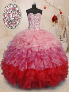 Dazzling Sweetheart Sleeveless Quinceanera Dress Floor Length Beading and Ruffles Multi-color Organza