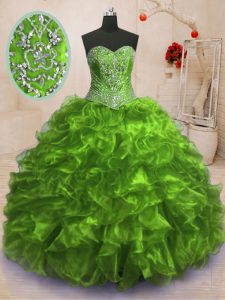 Most Popular Olive Green Lace Up Sweetheart Beading and Ruffles Quinceanera Gowns Organza Sleeveless Sweep Train