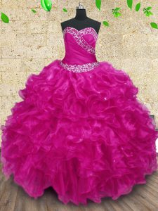 Stylish Fuchsia Ball Gown Prom Dress Military Ball and Sweet 16 and Quinceanera and For with Beading and Ruffles and Ruching Sweetheart Sleeveless Lace Up