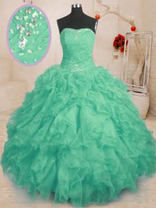Custom Fit Turquoise Lace Up Strapless Beading and Ruffles and Ruching Quince Ball Gowns Organza Sleeveless