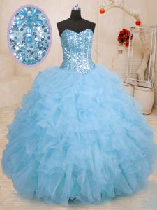 Traditional Ball Gowns Quince Ball Gowns Baby Blue Sweetheart Organza Sleeveless Floor Length Lace Up