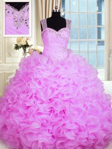 Organza Sweetheart Sleeveless Zipper Beading and Ruffles Quince Ball Gowns in Rose Pink
