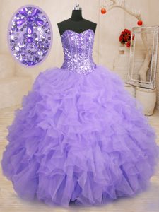 Inexpensive Lavender Organza Lace Up Sweetheart Sleeveless Floor Length Sweet 16 Dress Beading and Ruffles