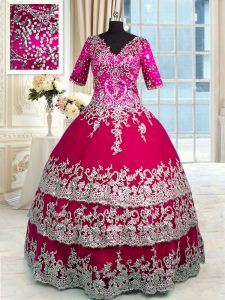 Spectacular Red and Hot Pink Half Sleeves Beading and Appliques and Ruffled Layers Floor Length Quinceanera Dresses