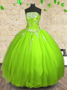 Sophisticated Ball Gowns Strapless Sleeveless Tulle Floor Length Zipper Appliques and Ruching Quinceanera Dresses