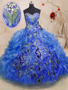 Floor Length Blue Ball Gown Prom Dress Organza Sleeveless Beading and Appliques and Ruffles