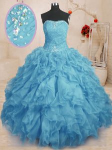 Captivating Baby Blue Sleeveless Beading and Ruffles and Ruching Floor Length Vestidos de Quinceanera