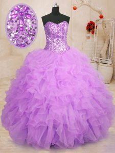 Comfortable Lilac Ball Gowns Sweetheart Sleeveless Organza Floor Length Lace Up Beading and Ruffles Quinceanera Court Dresses