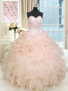 Most Popular Peach Lace Up Quinceanera Dress Beading and Ruffles Sleeveless Floor Length