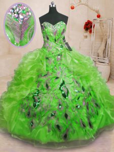 Spectacular Ball Gowns Organza Sweetheart Sleeveless Beading and Appliques and Ruffles Floor Length Lace Up Quinceanera Dress
