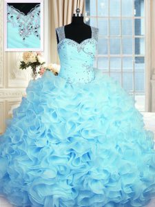 Graceful Aqua Blue Ball Gowns Straps Sleeveless Organza Floor Length Zipper Beading and Ruffles 15th Birthday Dress