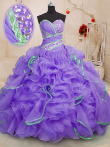 Delicate Lavender Sleeveless With Train Beading and Ruffles Lace Up Quinceanera Dama Dress