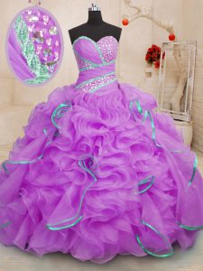 Beading and Ruffles Quince Ball Gowns Lilac Lace Up Sleeveless With Brush Train