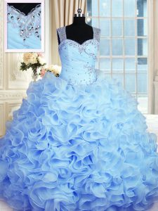 Flare Baby Blue Sleeveless Floor Length Beading and Ruffles Zipper Quince Ball Gowns