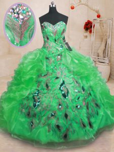 Green Sleeveless Beading and Appliques and Ruffles Floor Length 15th Birthday Dress