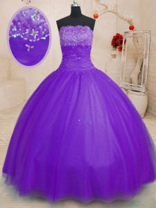 Purple Ball Gowns Strapless Sleeveless Tulle Floor Length Lace Up Beading Sweet 16 Quinceanera Dress