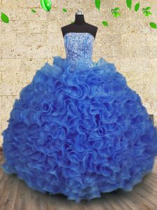 Dramatic Royal Blue Ball Gowns Organza Strapless Sleeveless Beading and Ruffles Floor Length Lace Up Quinceanera Gown