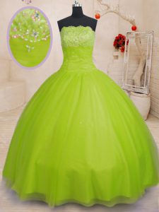 Hot Selling Yellow Green Tulle Lace Up Strapless Sleeveless Floor Length Sweet 16 Dress Beading