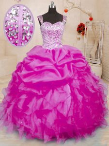 Traditional Sleeveless Floor Length Beading and Ruffles and Pick Ups Lace Up Quinceanera Dresses with Fuchsia