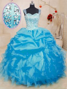 Free and Easy Baby Blue Organza Lace Up Sweet 16 Dresses Sleeveless Floor Length Beading and Ruffles and Pick Ups