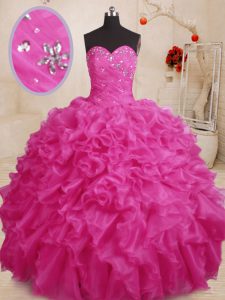 Fantastic Hot Pink Sweetheart Lace Up Beading and Ruffles Sweet 16 Dresses Sleeveless