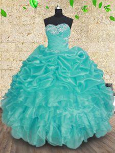Sleeveless Organza Floor Length Lace Up Quinceanera Gowns in Aqua Blue with Beading and Ruffles and Ruching