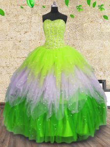 Fine Tulle Sleeveless Floor Length Sweet 16 Dress and Beading and Ruffles and Sequins