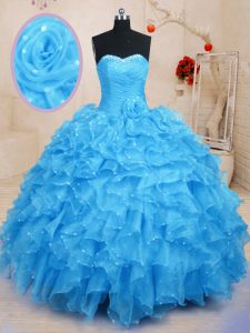 Custom Fit Sleeveless Floor Length Beading and Ruffles and Hand Made Flower Lace Up Quinceanera Dresses with Baby Blue