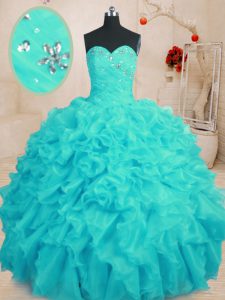 Romantic Aqua Blue Organza Lace Up Quinceanera Gown Sleeveless Floor Length Beading and Ruffles