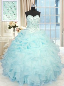 Aqua Blue Organza Lace Up Sweetheart Sleeveless Floor Length Quinceanera Dress Beading and Pick Ups