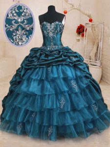 Superior Teal Organza and Taffeta Lace Up Quince Ball Gowns Sleeveless With Train Sweep Train Beading and Appliques and Ruffled Layers and Pick Ups
