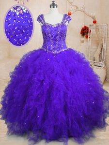 Perfect Purple Cap Sleeves Floor Length Beading and Ruffles and Sequins Lace Up Sweet 16 Quinceanera Dress