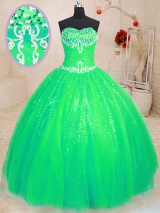 Great Green Lace Up Sweet 16 Dresses Beading Sleeveless Floor Length