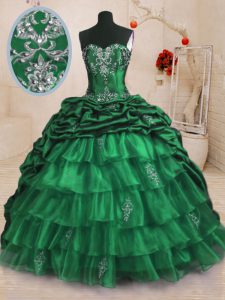 Dark Green Lace Up Quinceanera Dress Beading and Appliques and Ruffled Layers and Pick Ups Sleeveless With Train Sweep Train