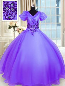 Best Selling Lavender Organza Lace Up V-neck Short Sleeves Floor Length Quinceanera Court Dresses Appliques