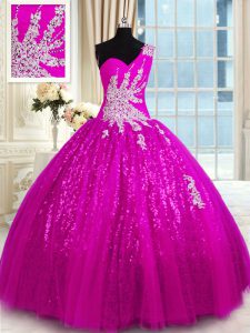 High Quality One Shoulder Lace Fuchsia Sleeveless Appliques Floor Length Sweet 16 Dress