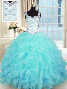 Sleeveless Beading and Appliques and Ruffles Lace Up Quince Ball Gowns