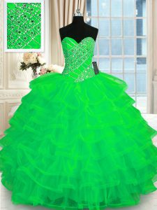 Pretty Green Ball Gowns Organza Sweetheart Sleeveless Beading and Ruffled Layers Floor Length Lace Up Sweet 16 Dresses