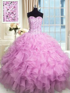 Modest Lilac Organza Lace Up 15th Birthday Dress Sleeveless Floor Length Beading and Ruffles and Sequins