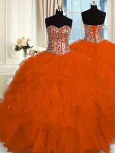 Extravagant Beading and Ruffles Vestidos de Quinceanera Red Lace Up Sleeveless Floor Length
