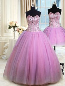 Modest Three Piece Lilac Sleeveless Beading Floor Length 15 Quinceanera Dress
