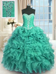 Admirable Sleeveless Floor Length Beading and Ruffles Lace Up 15th Birthday Dress with Turquoise