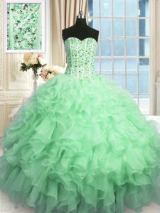 Graceful Apple Green Ball Gowns Beading and Ruffles and Sequins Ball Gown Prom Dress Lace Up Organza Sleeveless Floor Length