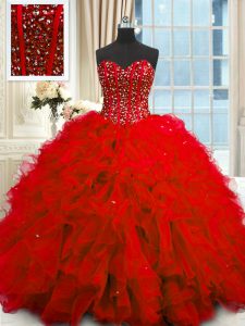 Exquisite Sequins Floor Length Red Quinceanera Gowns Sweetheart Sleeveless Lace Up