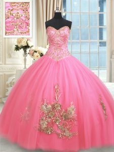 Beading and Appliques and Embroidery 15 Quinceanera Dress Rose Pink Lace Up Sleeveless Floor Length