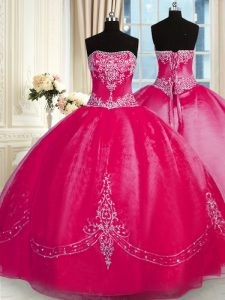 Strapless Sleeveless Quinceanera Dresses Floor Length Beading and Embroidery Coral Red Organza