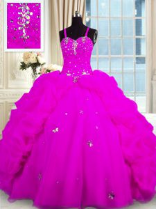 Fuchsia Lace Up 15 Quinceanera Dress Beading and Pick Ups Sleeveless Floor Length