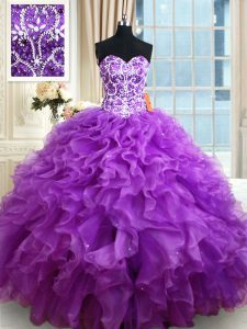 Affordable Sweetheart Sleeveless Lace Up Quinceanera Dresses Purple Organza