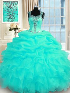 Fashion Turquoise Ball Gowns Beading and Ruffles Ball Gown Prom Dress Zipper Organza Sleeveless Floor Length